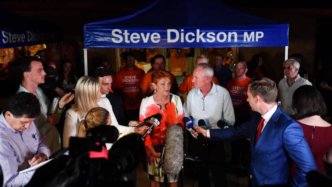 Queensland One Nation leader Steve Dickson and One Nation leader Senator Pauline Hanson speak to the media at the campaign party house in Buderim on the Sunshine Coast, Saturday, November 25, 2017. (AAP Image/Mick Tsikas) NO ARCHIVING