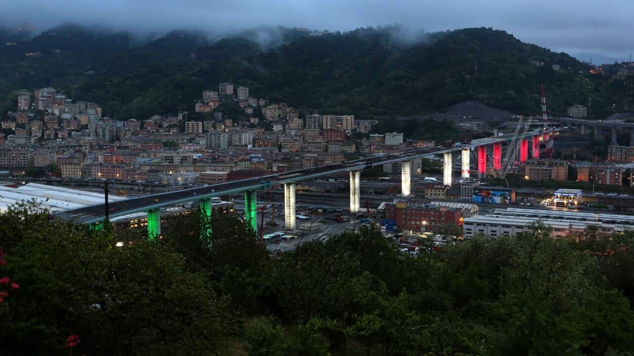 GENOA, ITALY - APRIL 28: General view of the new bridge of Genova light up with the Italian flag colours on April 28, 2020 in Genoa, Italy. The new bridge substitutes the Morandi bridge which fell on August 14, 2018 killing 43 people.