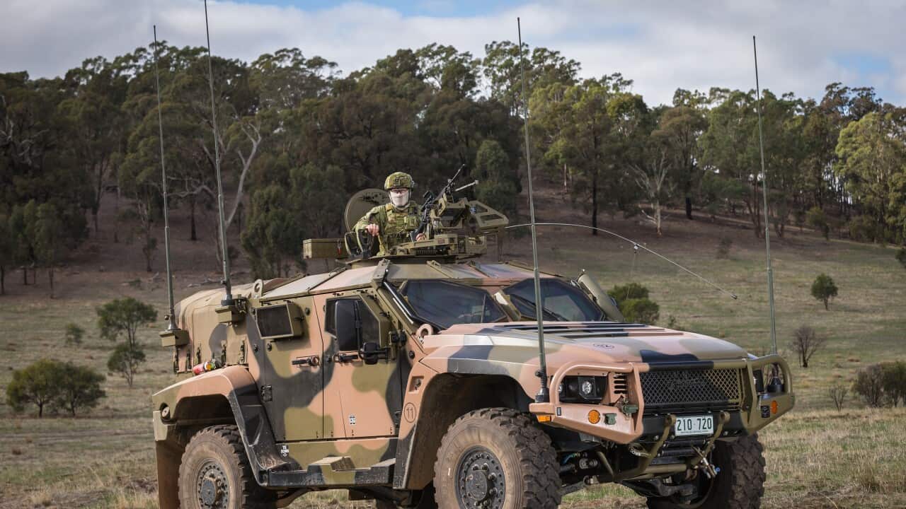An Australian Army Hawkei Protected Mobility Vehicle Light, on display during Exercise Chong Ju at Puckapunyal training area, Victoria,