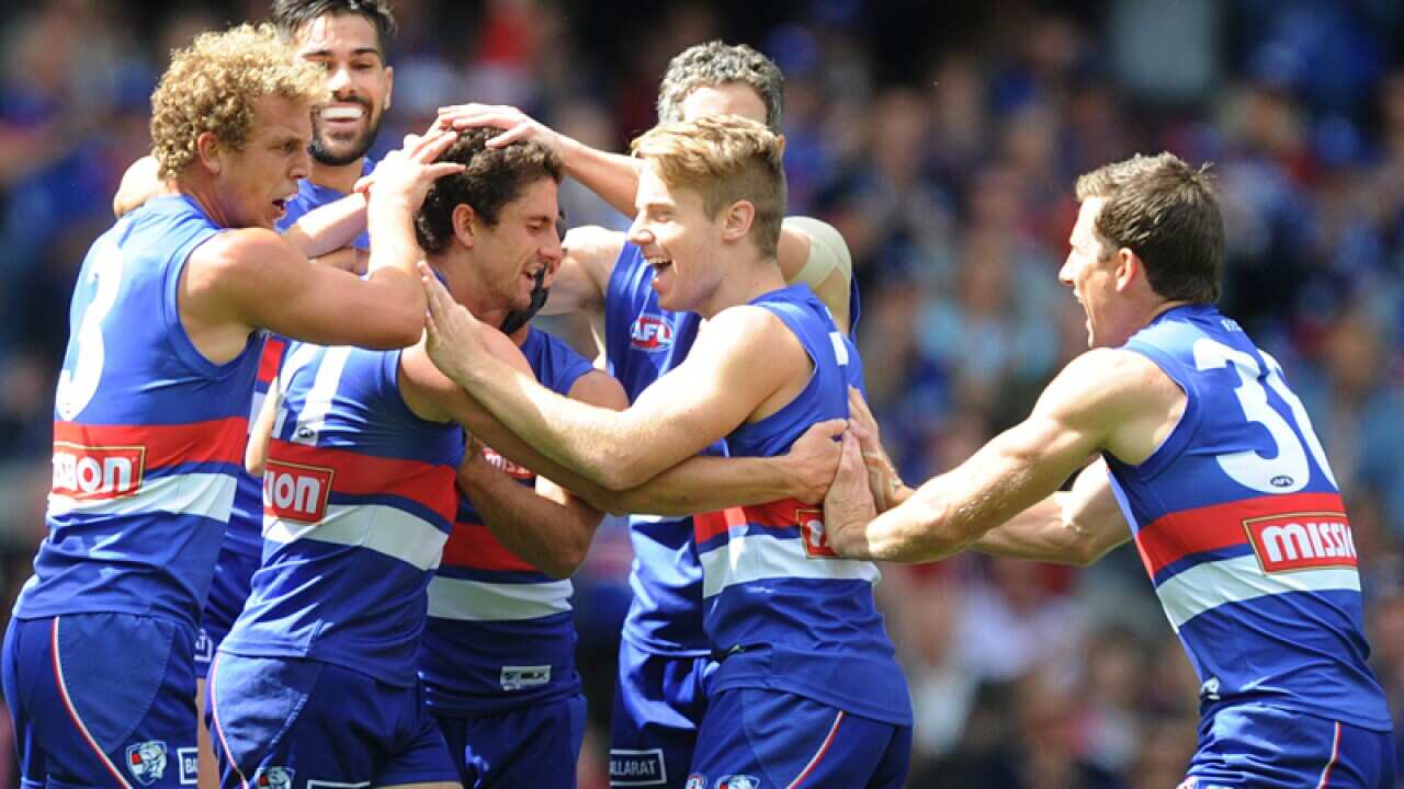 Western Bulldogs players celebrate after kicking a goal