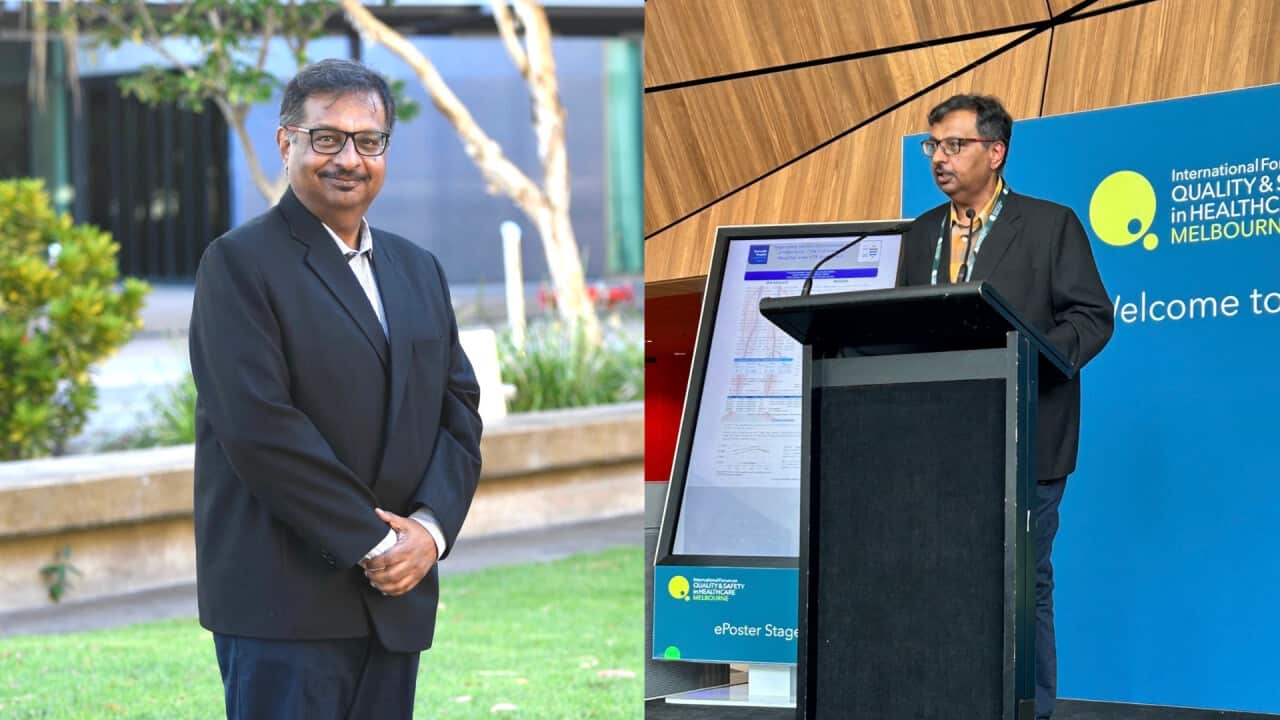 two images of Dr Kunwarjit Singh Sangla. The right photo he is speaking at conference in Melbourne.