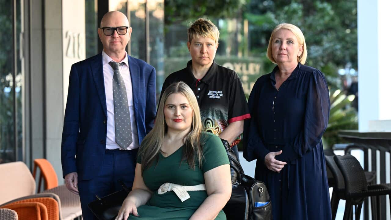 Simon Burchill, Executive Officer of Physical Disabilities Australia, Marayke Jonkers, Matilda Alexander, CEO of Queensland Advocacy Incorporated and Michelle Moss, CEO of Queenslanders with Disability Network are seen during a press conference in Brisbane