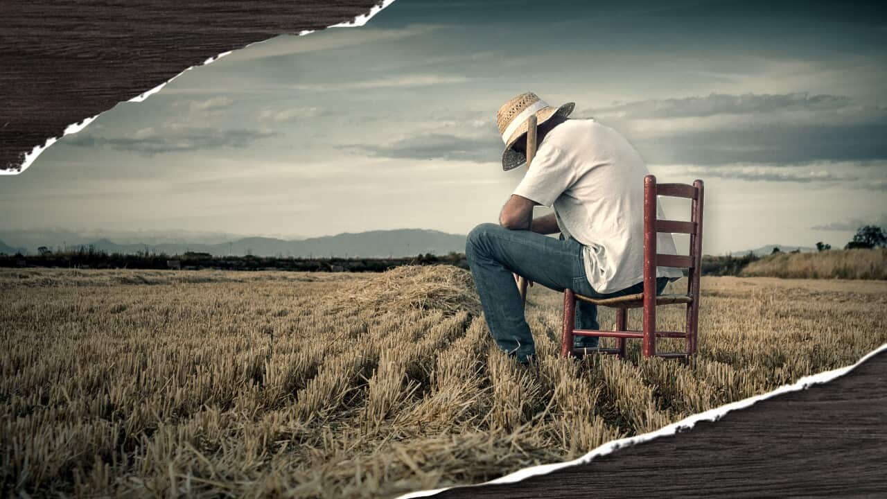 A man sits slumped on a chair next to a barren field of crops.