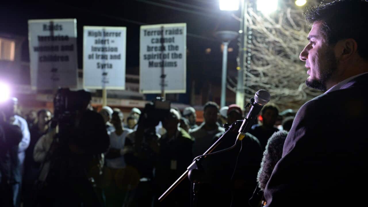 Hizb ut-Tahrir spokesperson Wassim Doureihi speaks during a rally