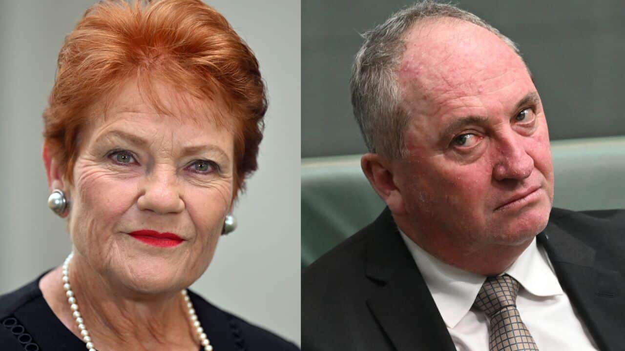 A woman with pearls on the left and a man in a suit on the right