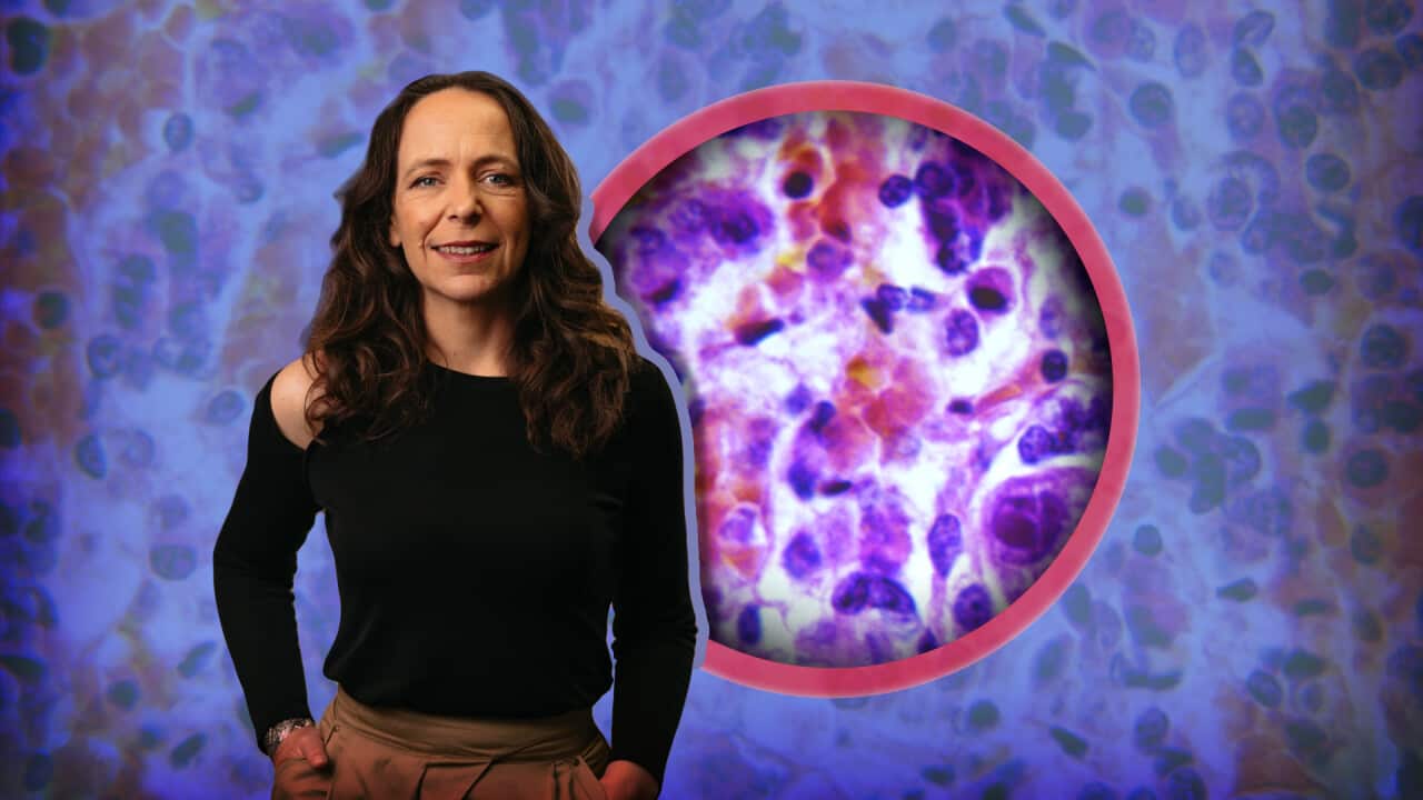 A woman in front of a picture of bacteria