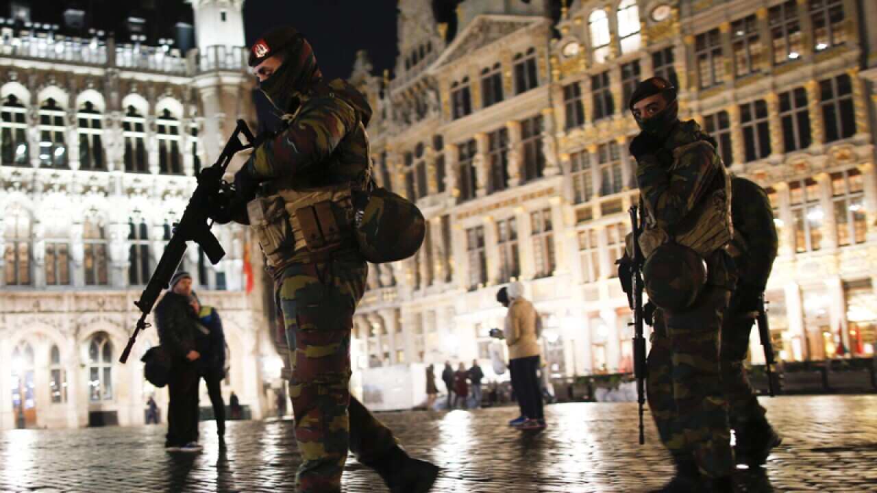 Soldiers patrol the Grand Place in Brussels, Belgium
