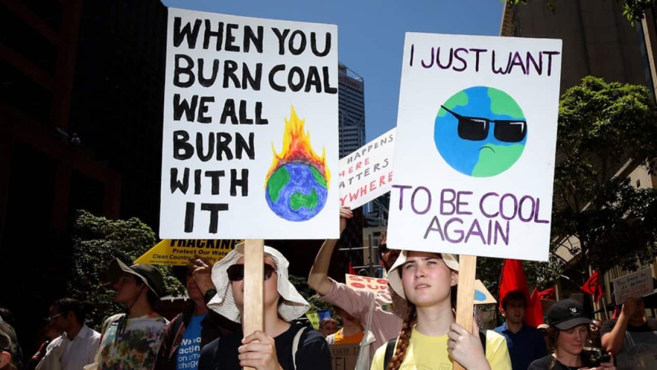 Activists from School Strike 4 Climate and Extinction Rebellion march towards the Parliament of Western Australia, November 2019.