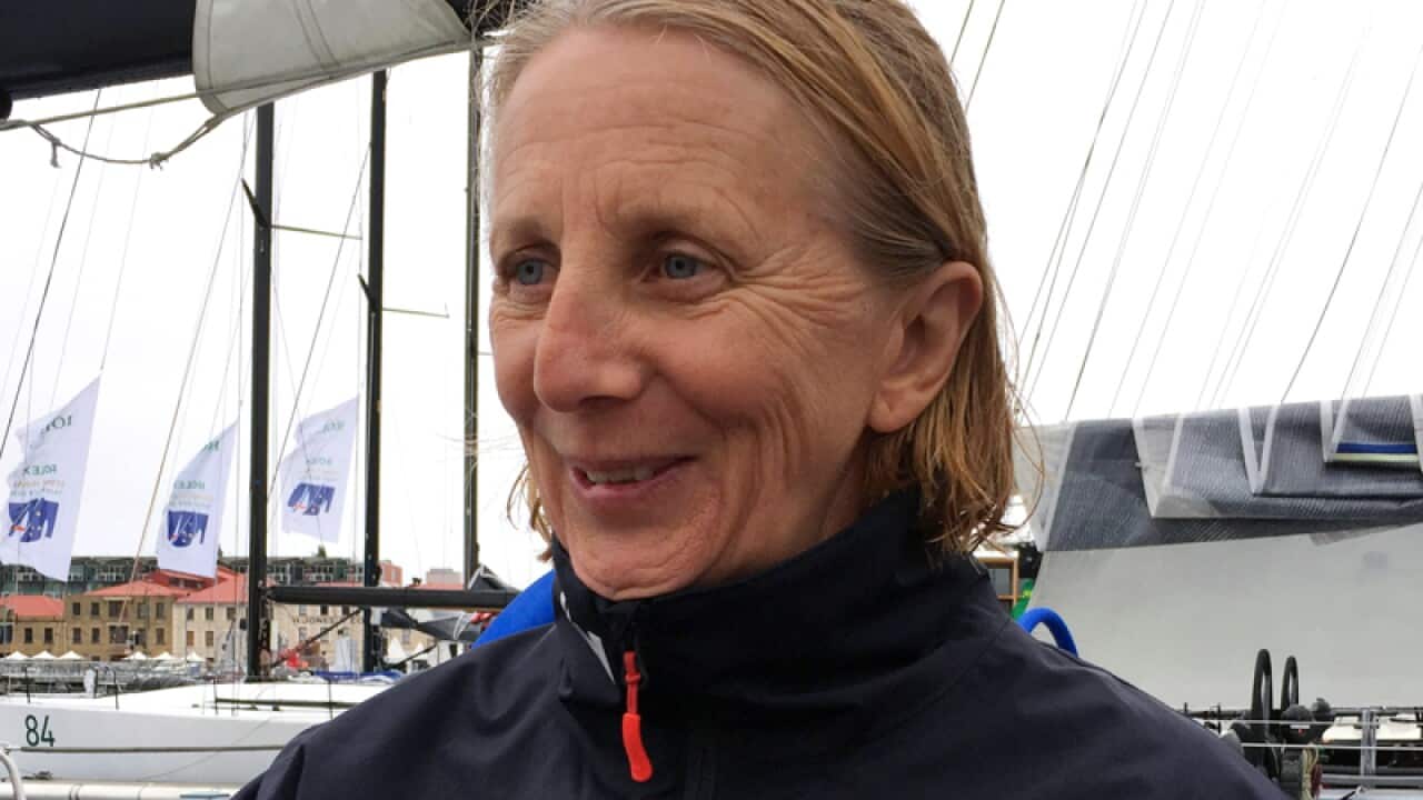 Adrienne Cahalan talks to the media in Hobart