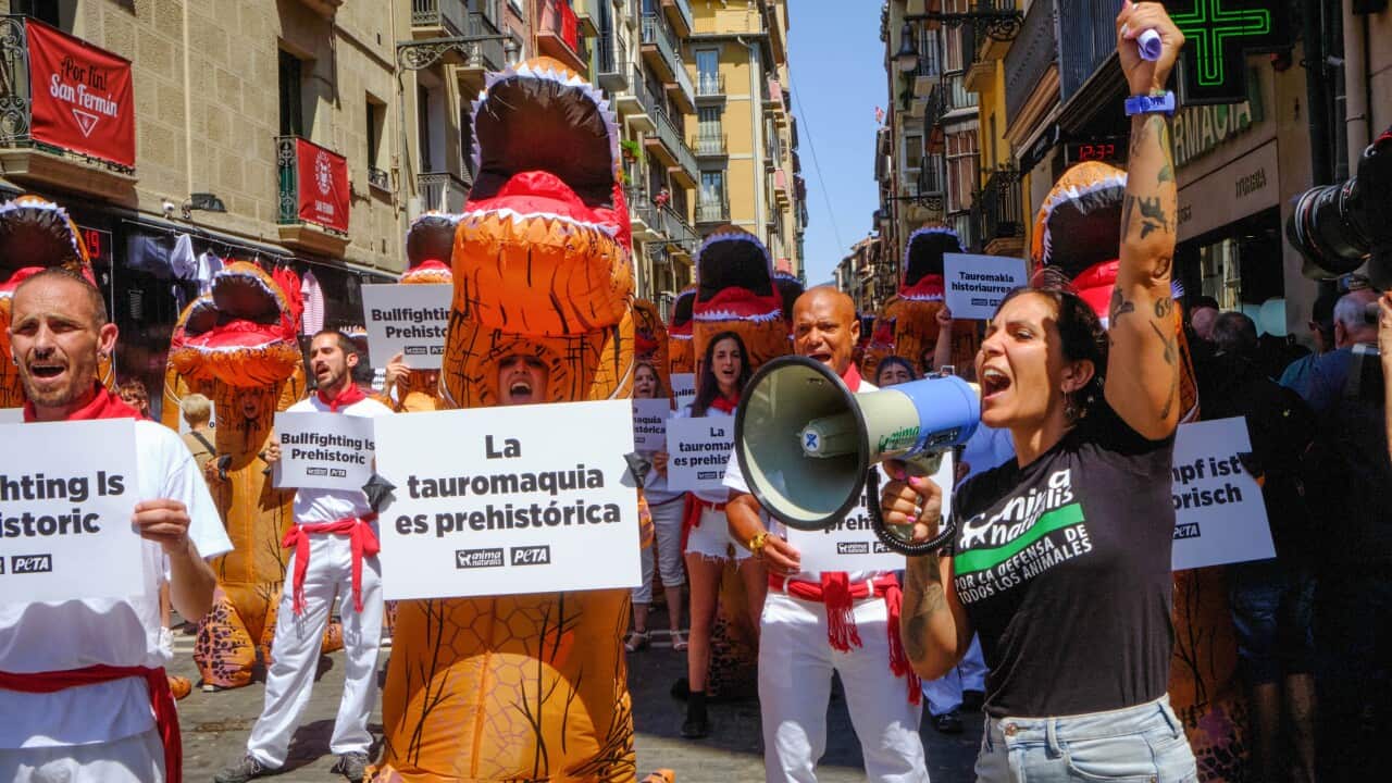 A protester chants slogans through the megaphone as people stand in T-Rex costumes holding signs.