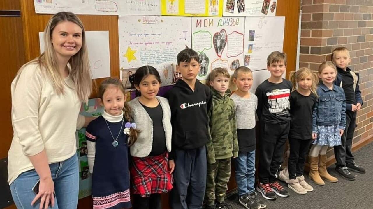 The teacher of St. Alexander Nevsky Russian School Violetta Chemodanova with her students