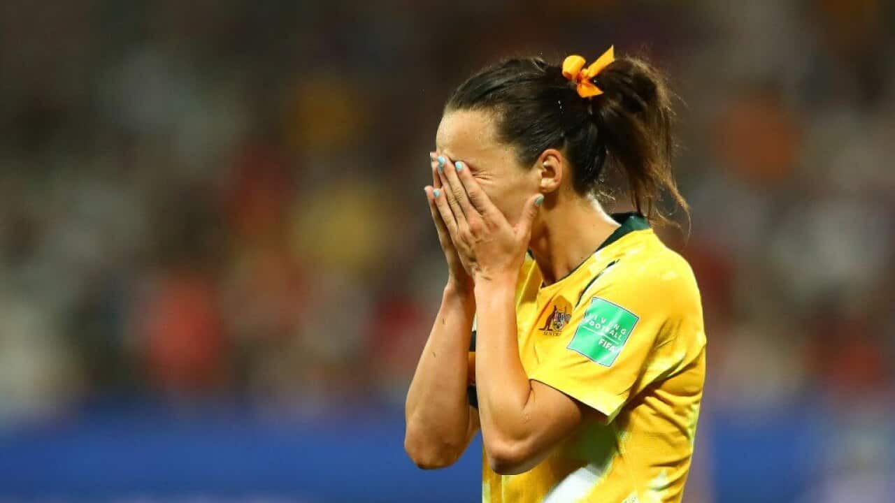Hayley Raso of Australia reacts during the 2019 FIFA Women's World Cup France Round Of 16 match between Norway and Australia