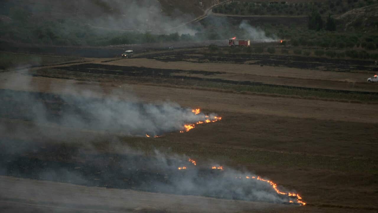 Flames and smoke rise from where Israeli army shells that landed in the southern Lebanese border village of Maroun Al-Ras, Lebanon, Sunday, Sept. 1, 2019. Hezbollah militants fire a barrage of anti-tank missiles into Israel, prompting a reprisal of heavy