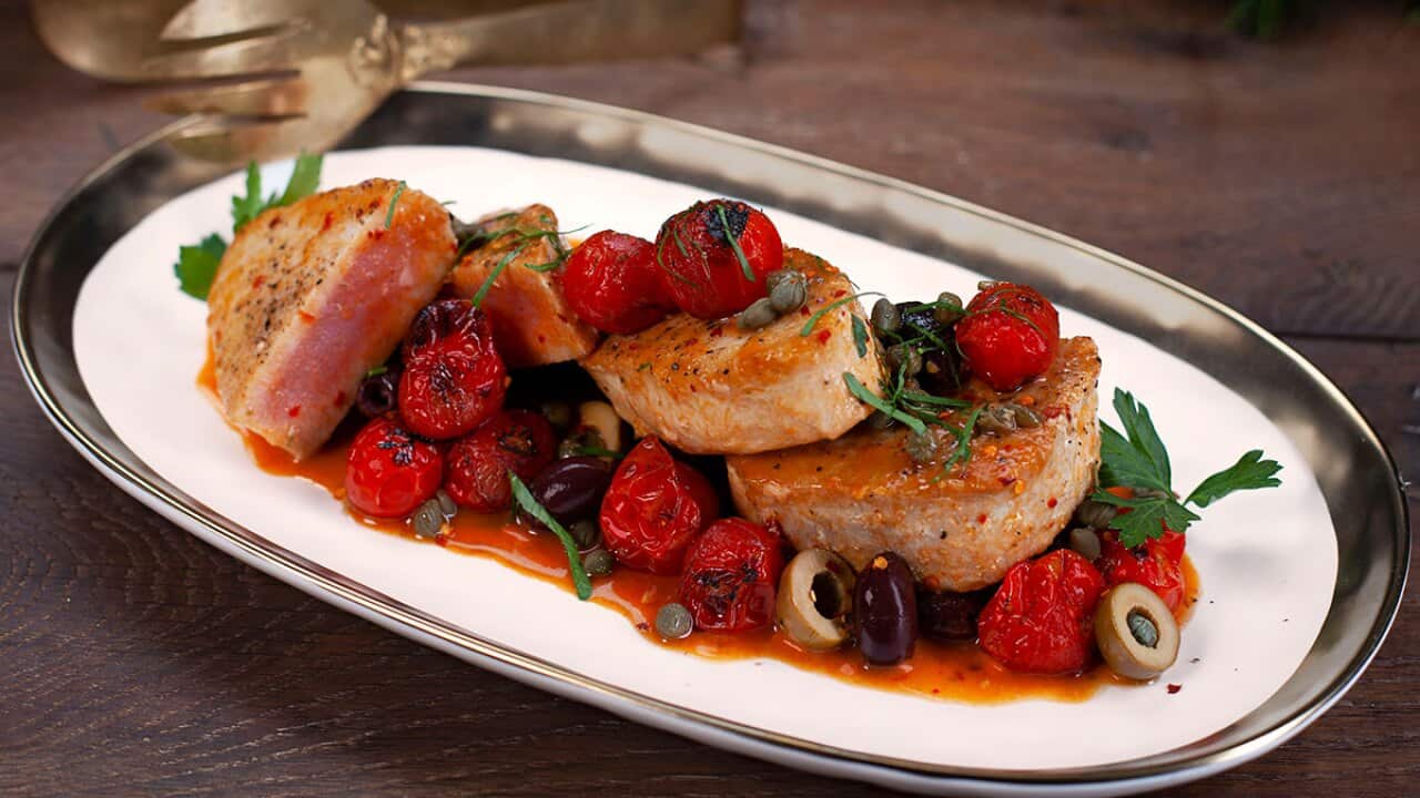 Swordfish with capers, olives and tomatoes