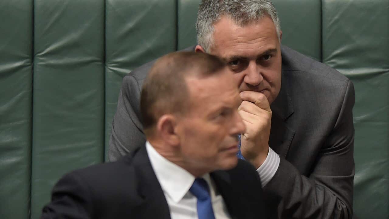 Treasurer Joe Hockey reacts during House of Representatives Question Time at Parliament House in Canberra, Thursday, May 28, 2015.  (AAP Image/Lukas Coch) NO ARCHIVING