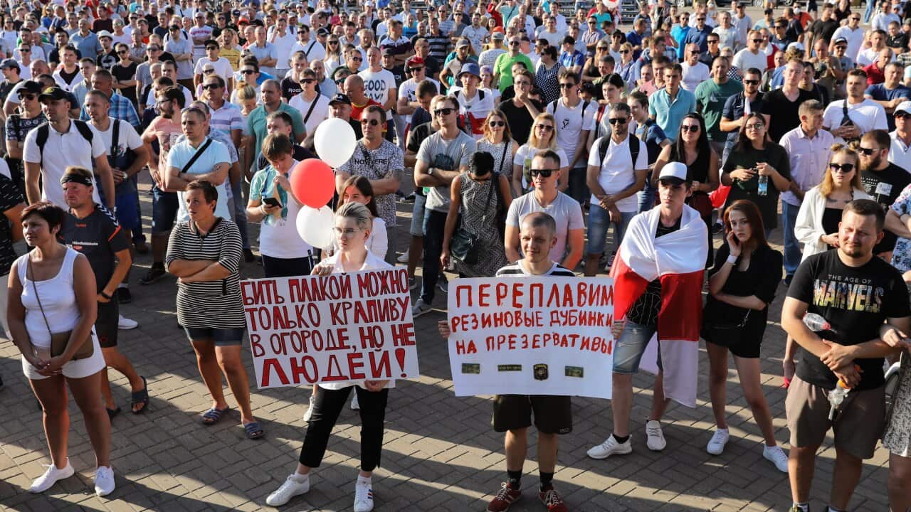Workers of Belaruskalij plant attend a rally as they join other workers on strike and protests in Soligorsk city, Belarus.