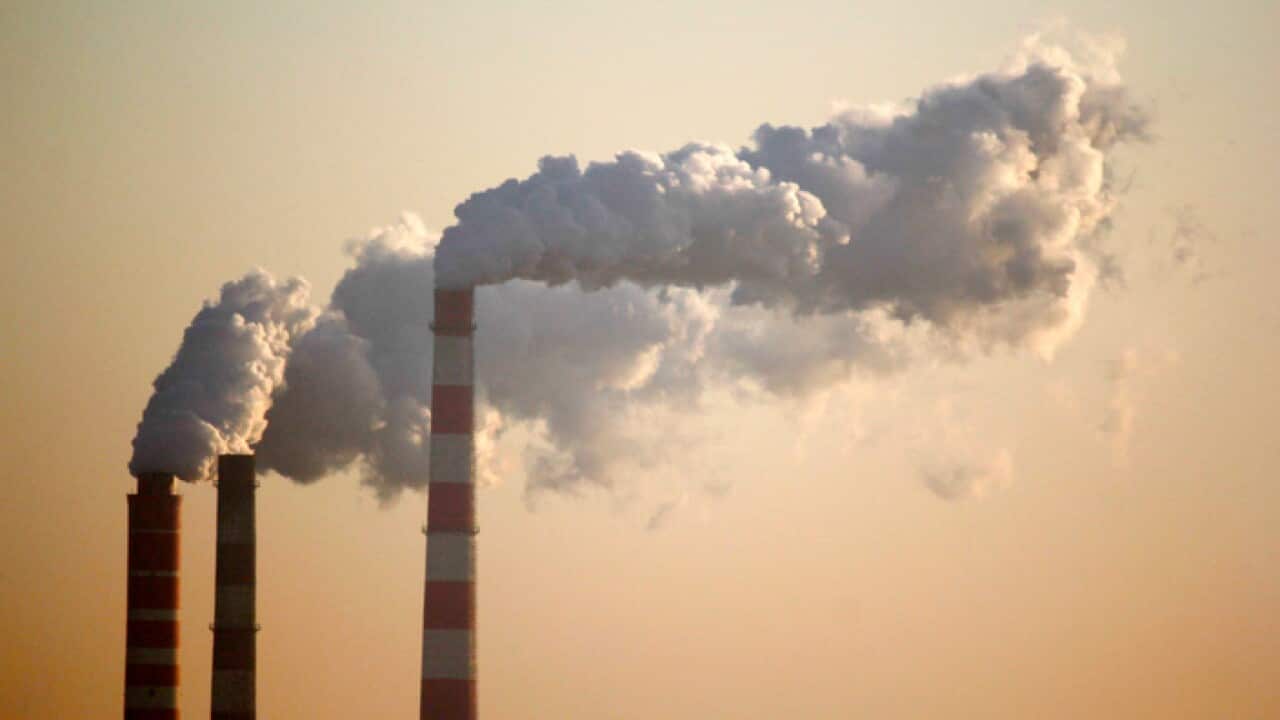 Emissions from chimneys at a coal-fired power plant in Ji'nan city, east China