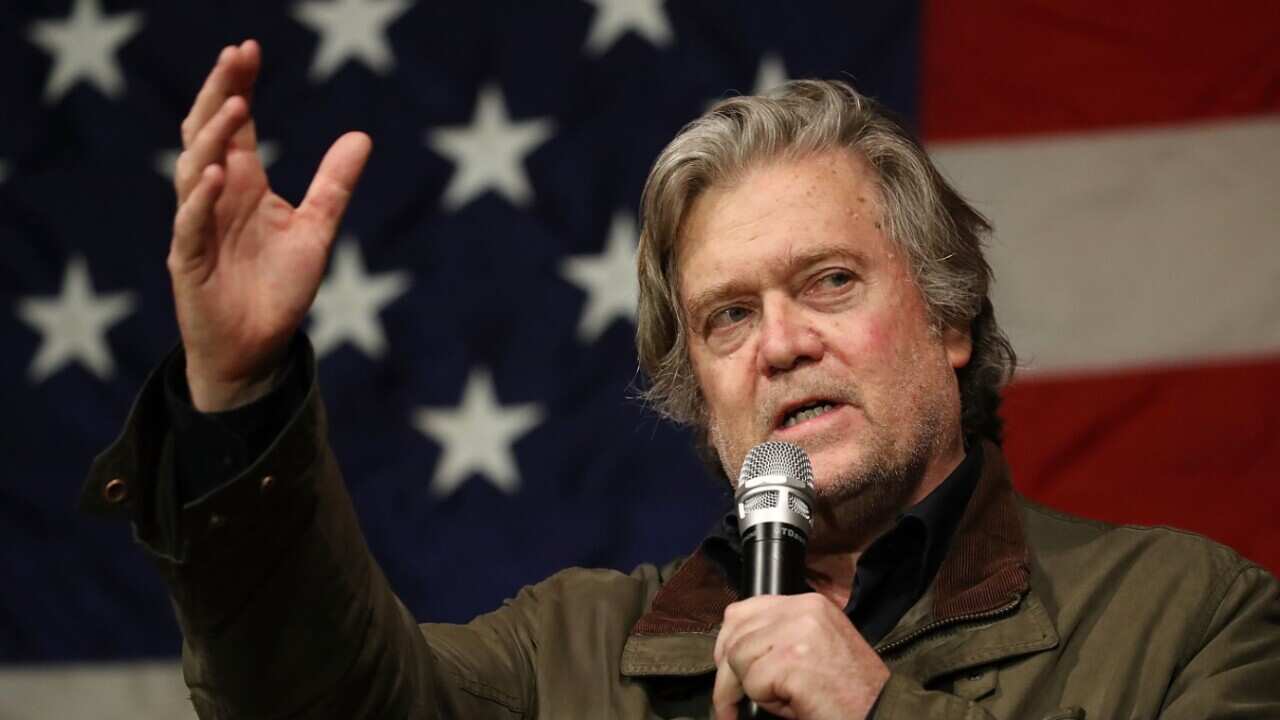 Steve Bannon speaks before introducing Republican Senatorial candidate Roy Moore during a campaign event