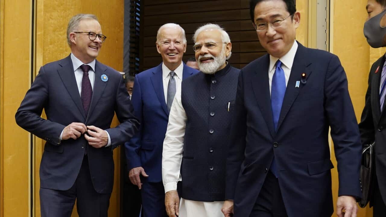 Australian Prime Minister Anthony Albanese, left, U.S. President Joe Biden, Indian Prime Minister Narendra Modi are greeted by Japanese Prime Minister Fumio Kishida, right, during his arrival to the Quad leaders summit at Kantei Palace, Tuesday, May 24, 2