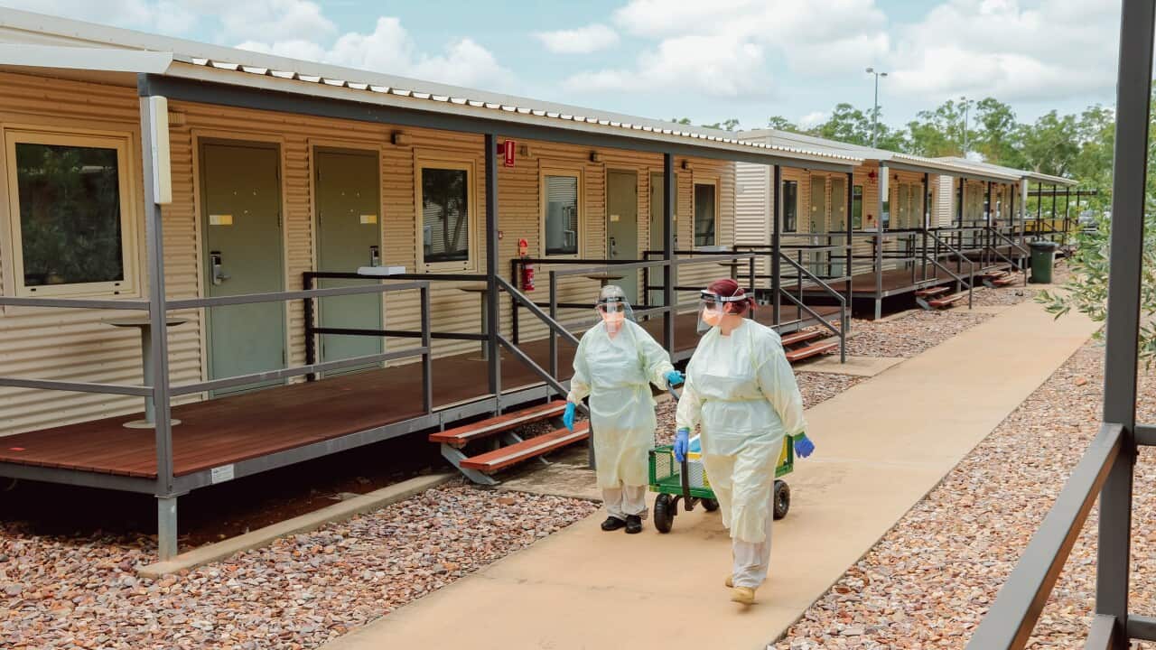 Staff conduct a swabbing run at the Howard Springs quarantine facility in Darwin in January 2021.