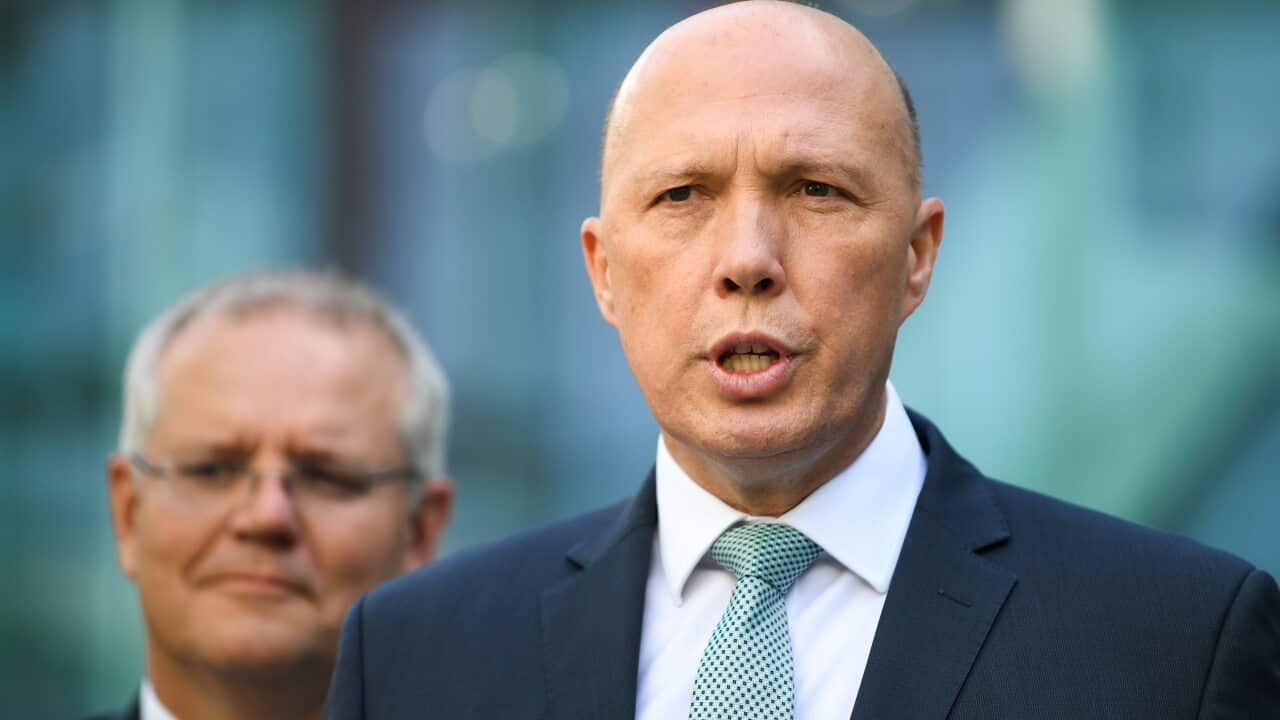 Australian Home Affairs Minister Peter Dutton speaks to the media during an announcement to increase counter-terrorism measures at Canberra Airport in Canberra, Friday, December 6, 2019. (AAP Image/Lukas Coch) NO ARCHIVING