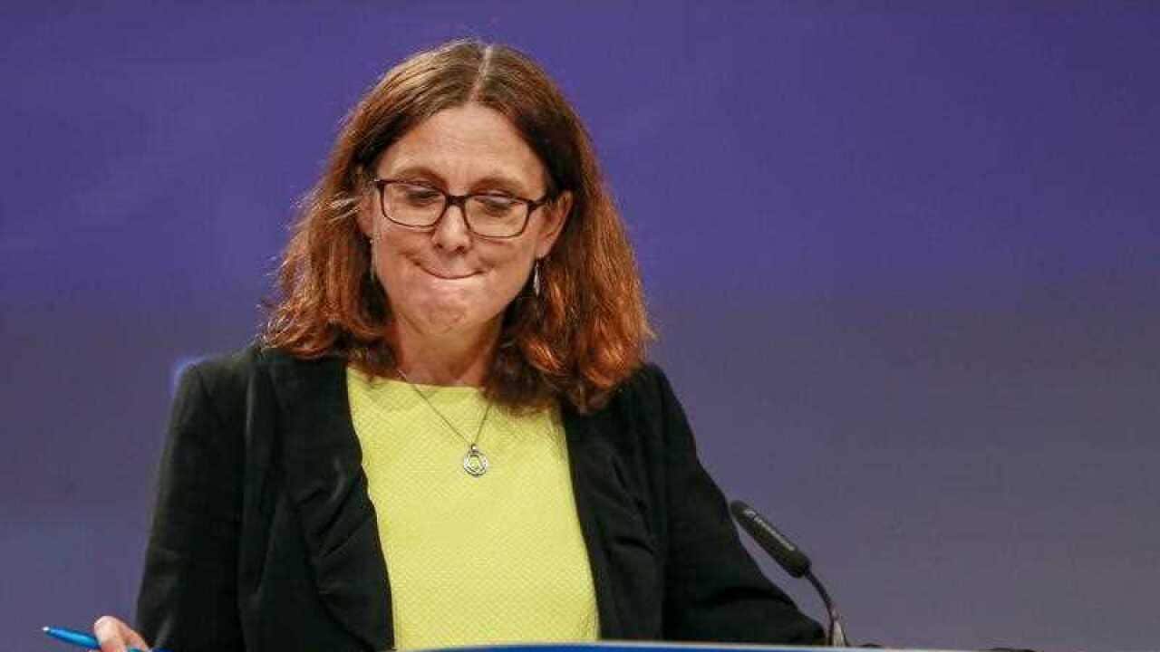 European Commissioner for Trade Cecilia Malmstrom during a press conference on the US restrictions on steel and aluminum affecting the EU at the European Commission in Brussels,