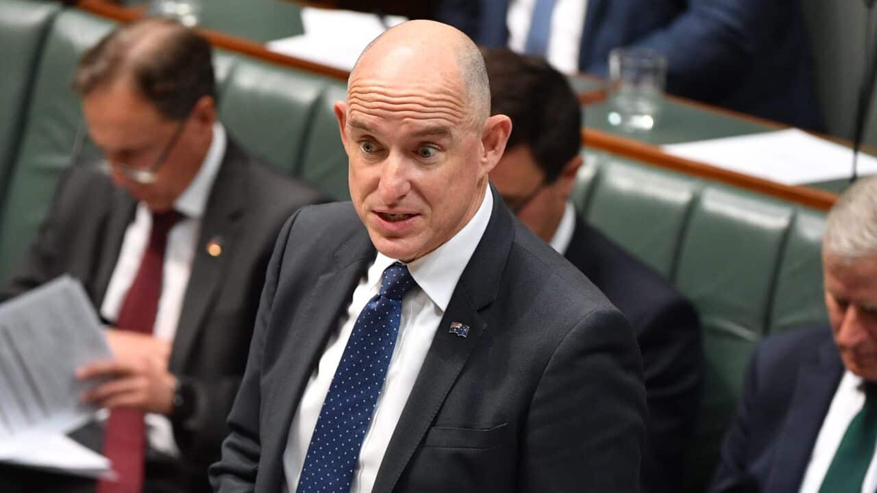 Minister for Government Services Stuart Robert during Question Time in the House of Representatives at Parliament House in Canberra, Monday, Feb. 10, 2020. (AAP Image/Mick Tsikas) NO ARCHIVING