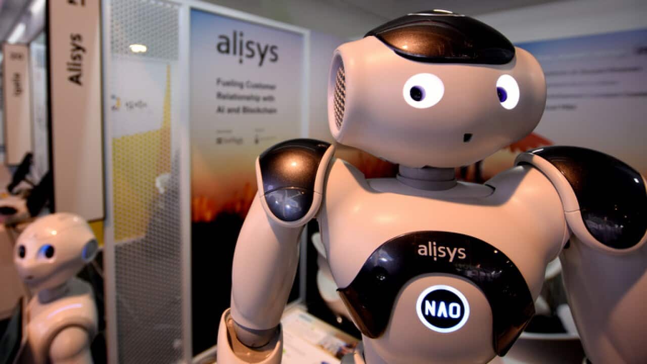 Two robots of the Alisys brand seen during the Mobile World Congress 2019 in Barcelona. (Photo by Ramon Costa / SOPA Images/Sipa USA).