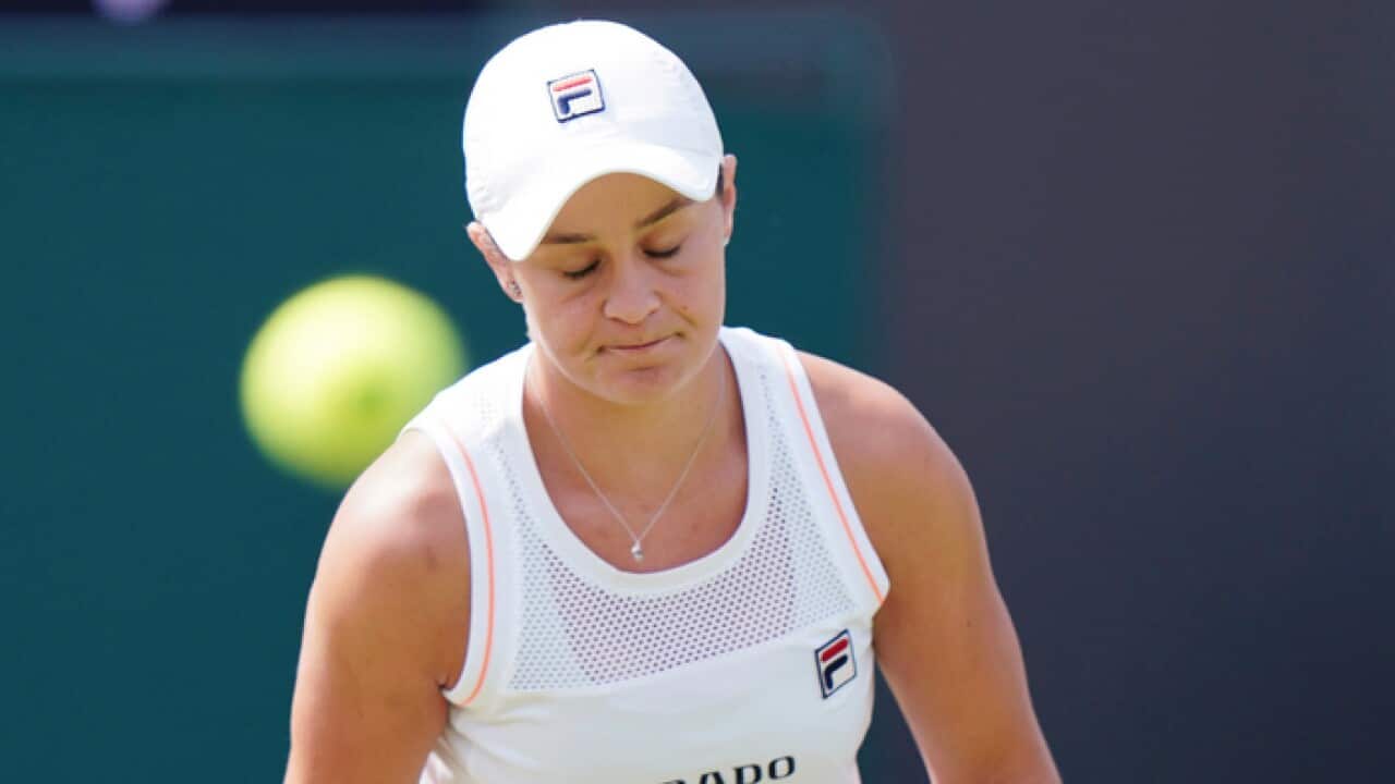 Ashleigh Barty reacts during the ladies' singles fourth round at Wimbledon against Alison Riske
