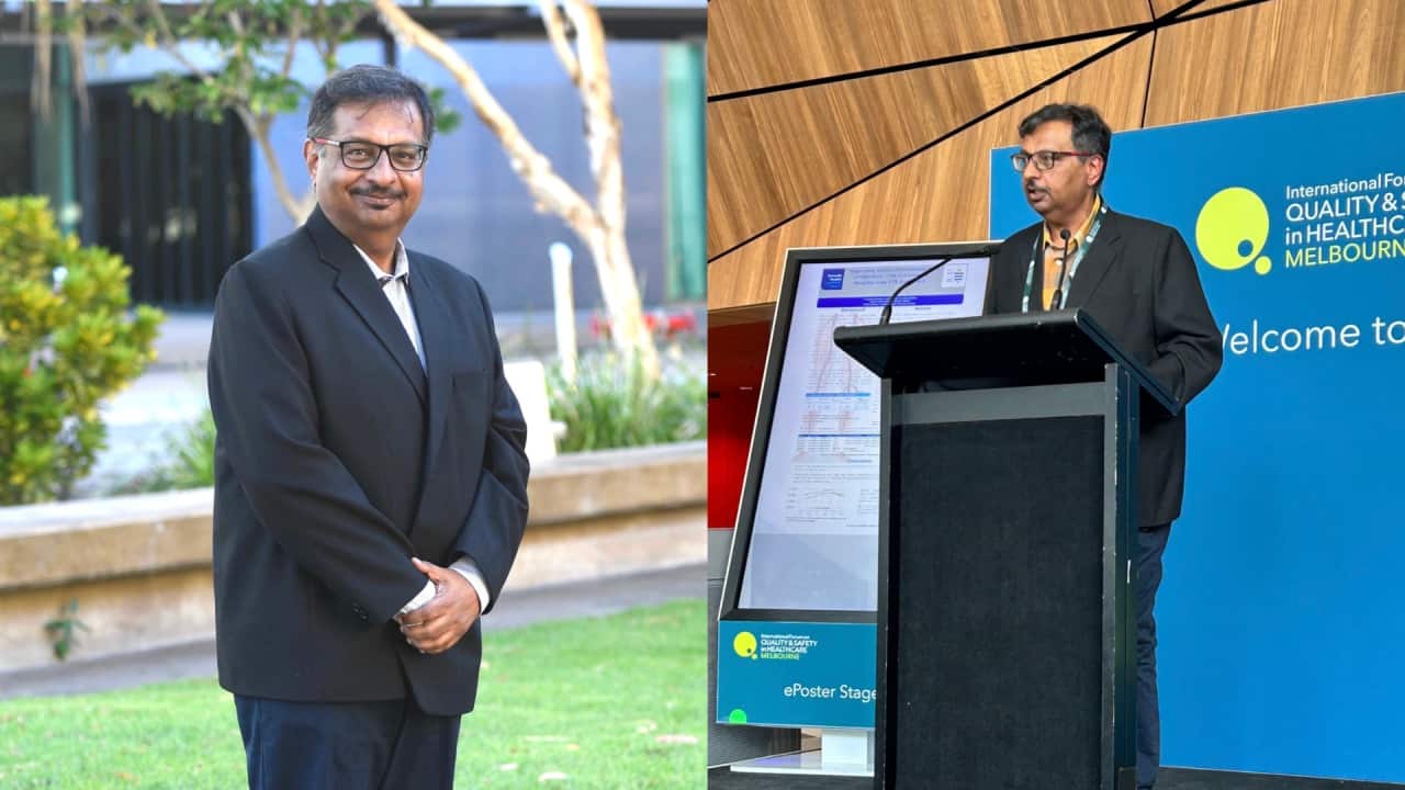 two images of Dr Kunwarjit Singh Sangla. The right photo he is speaking at conference in Melbourne.