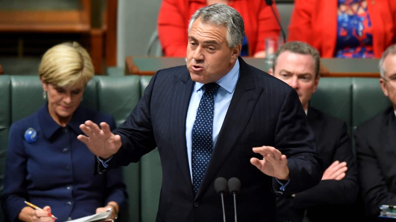 Treasurer Joe Hockey speaks during House of Representatives Question Time at Parliament House in Canberra, Tuesday, Feb. 10, 2015. (AAP Image/Lukas Coch) NO ARCHIVING