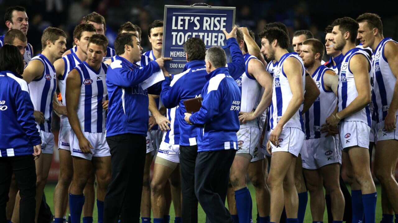 Brad Scott coach of the Kangaroos addresses his players