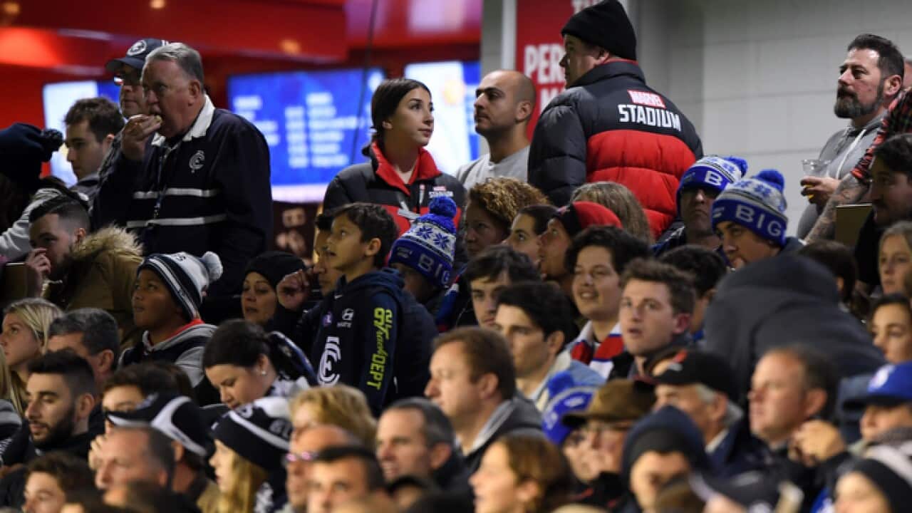 Security at the Round 13 AFL match between the Carlton Blues and the Western Bulldogs at Marvel Stadium in Melbourne