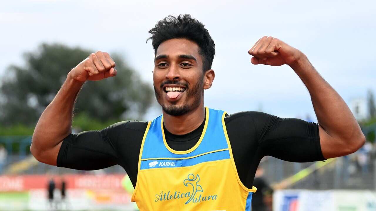 08 September 2020, Saxony-Anhalt, Dessau-Roßlau: Athletics: International Meeting in the Paul Greifzu Stadium, 100 metres, Men: Mudiyanselag Yupun Abeykoon from Sri Lanka wins the final.