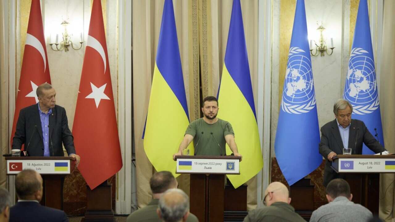 President of Ukraine Volodymyr Zelenskyy, President of the Republic of Türkiye Recep Tayyip Erdoğan and UN Secretary-General António Guterres during a tripartite meeting in Lviv. Ukraine..jpeg