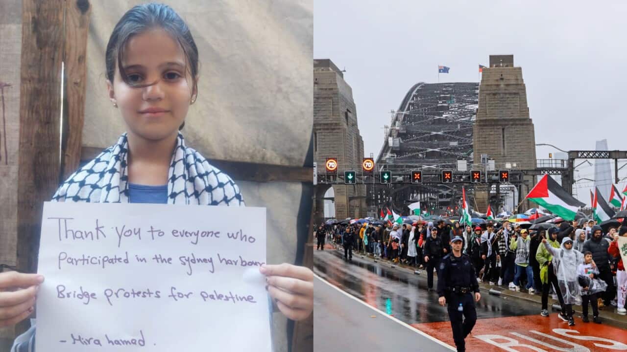 A composite image of a young girl holding a thank you note in her hands on the left and pro-Palestine protesters marching across the Sydney Harbour Bridge on the right.