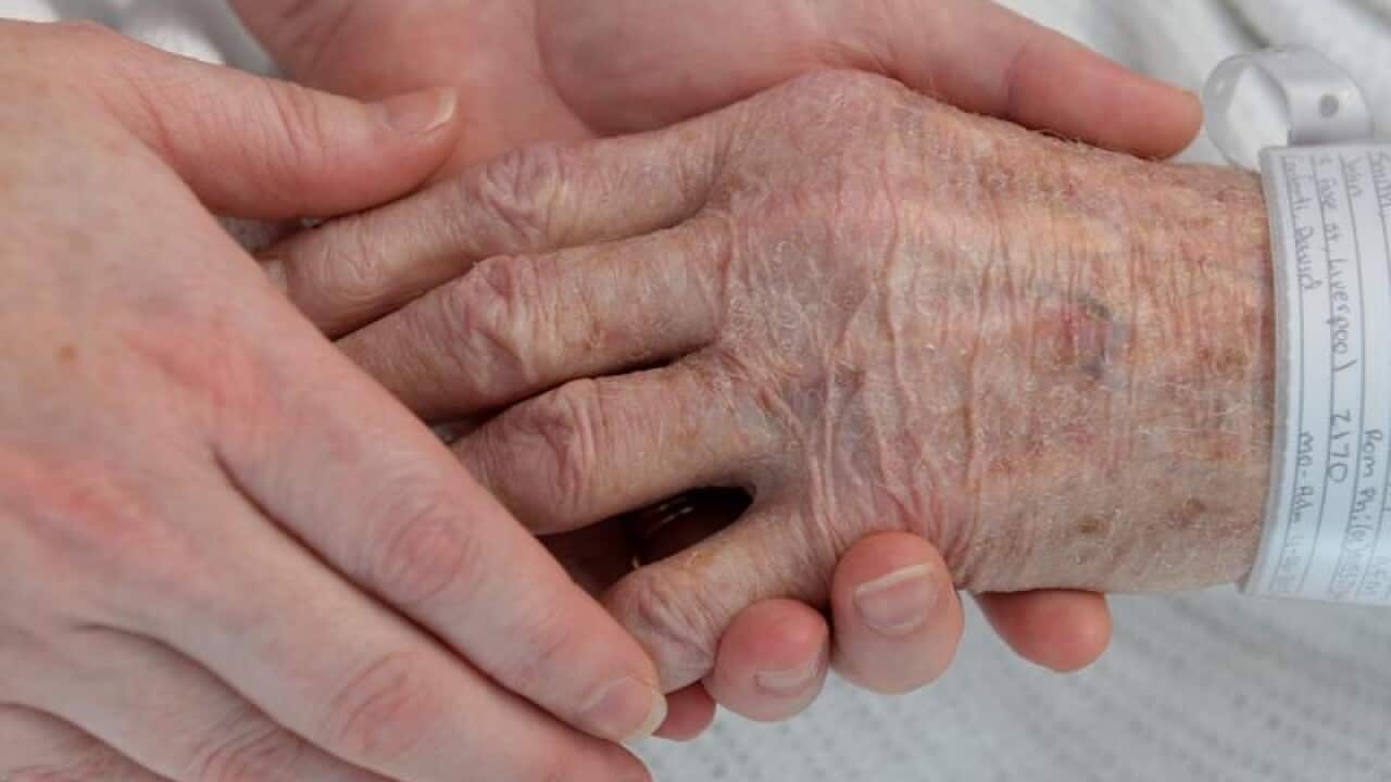 A nurse holds the hand of an elderly patient.