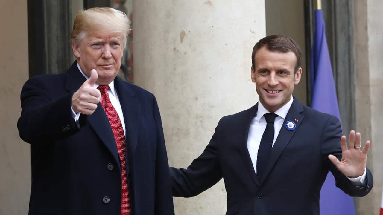 French President Emmanuel Macron, right, and US President Donald Trump at the Elysee Palace in Paris.