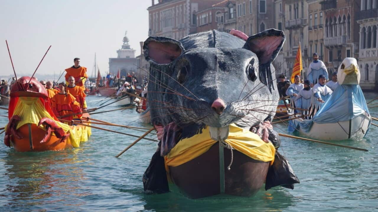 Boats sail during the water parade of 'Pantegana' (big mouse) part of the Venice Carnival, in Venice, Italy, 17 February 2019. The Carnival in Venice is held from 16 Fenruary to 05 March 2019.  EPA/ANDREA MEROLA