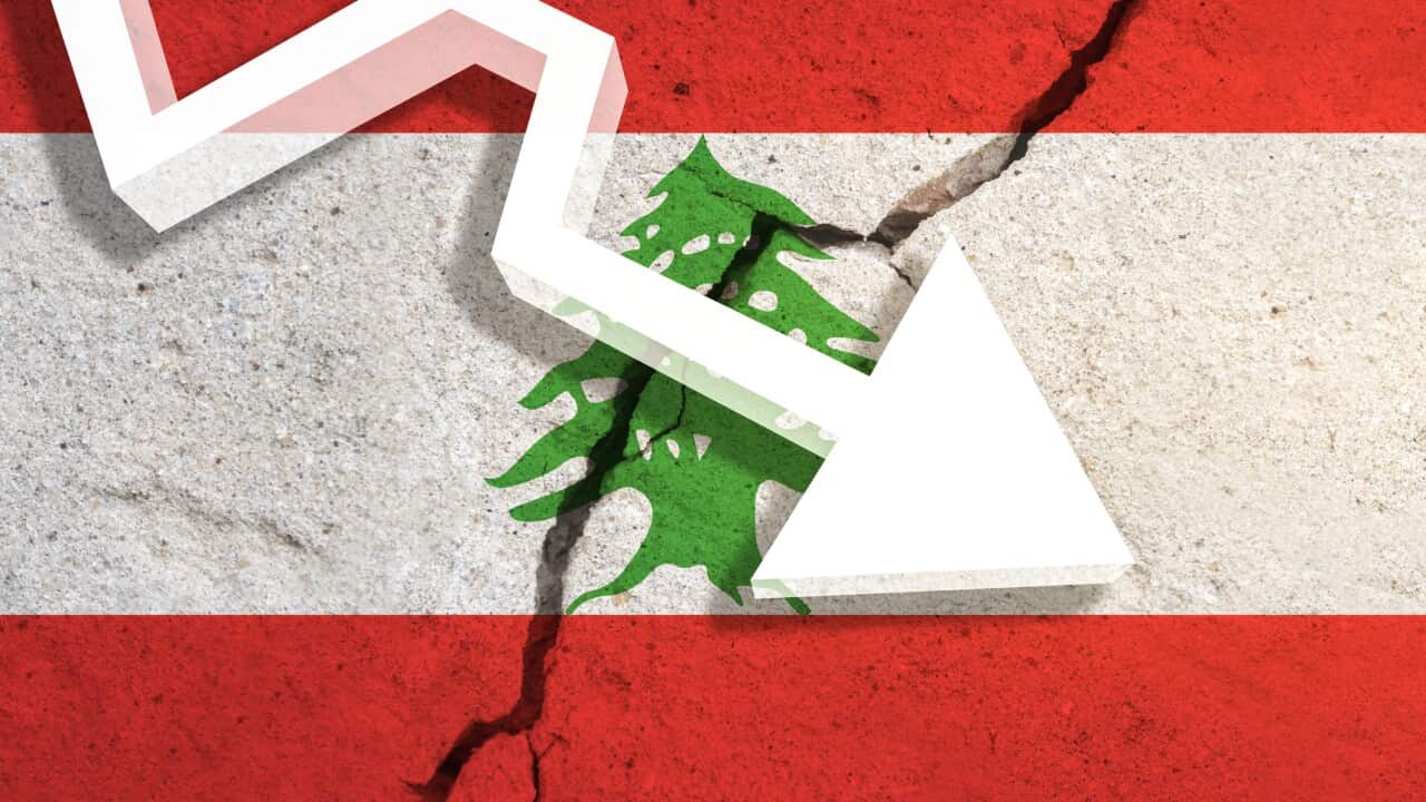 Lebanon Flag on the cracked wall with arrow falling down. Concept of decrease in the country. 3D Illustration