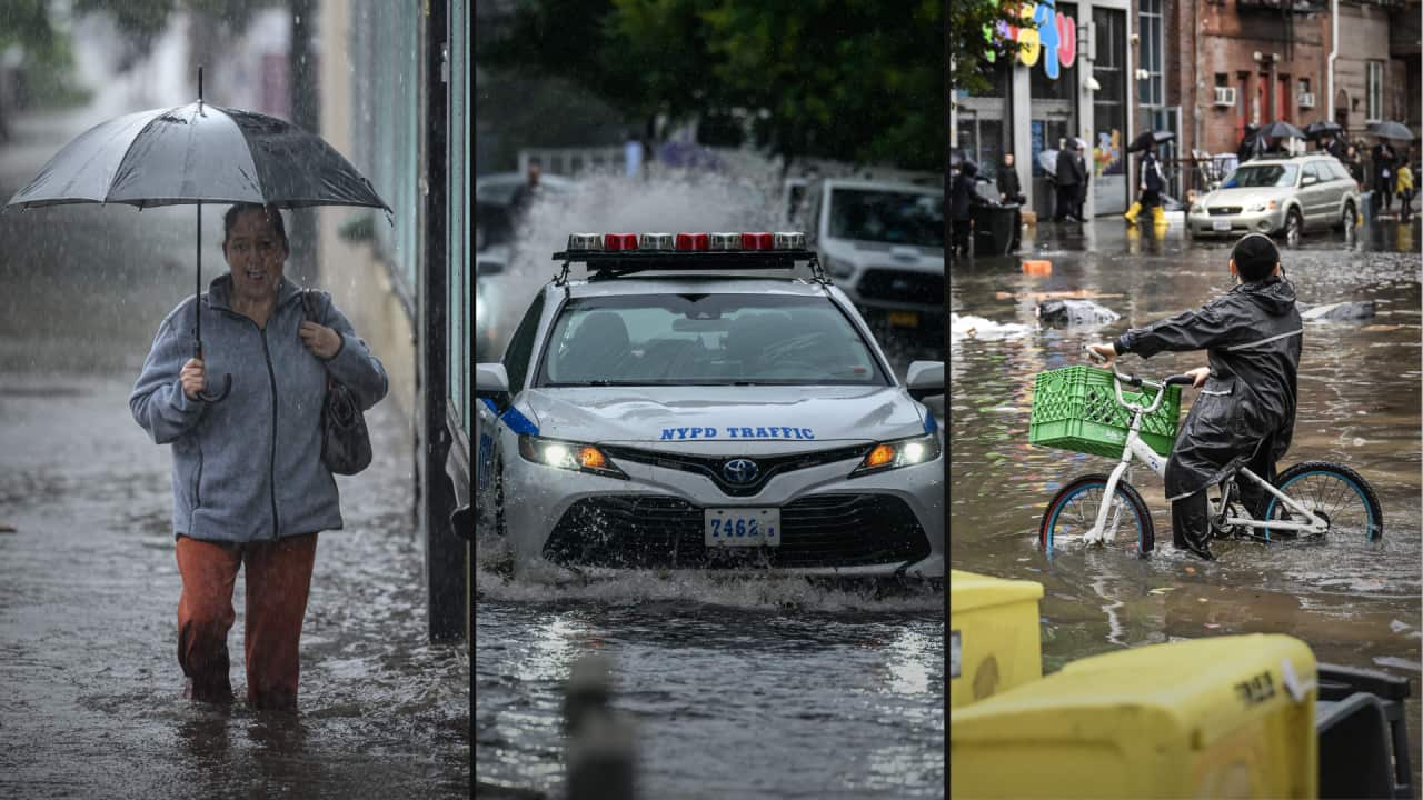 A split image. On the left is a woman holding an umbrella walking along a flooded footpath. In the middle is a police car driving along a flooded street. On the right is a person on a bike on a flooded street looking on.