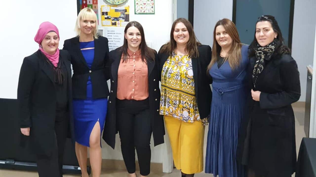 Dr Dina Mehmedbegovic Smith (second left) during a visit to the Bosnian Language School in Sydney