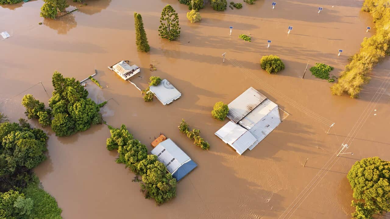 In this photo provided by the Fraser Coast Regional Council, water floods streets and houses in Maryborough in the Fraser Coast region of Queensland, 28 February, 2022.