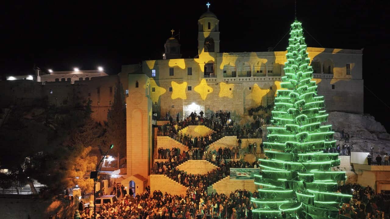 A large group of people gather on and around the stairs of an ancient-looking stone convent. In front of the building is a massive illuminated Christmas tree.