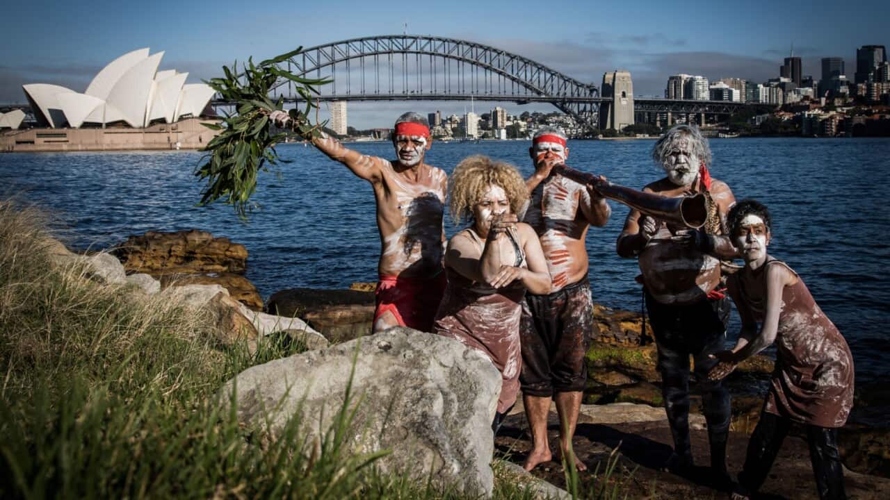 Aboriginal people dance at Sydney harbour, Australia, Nov. 11, 2020.