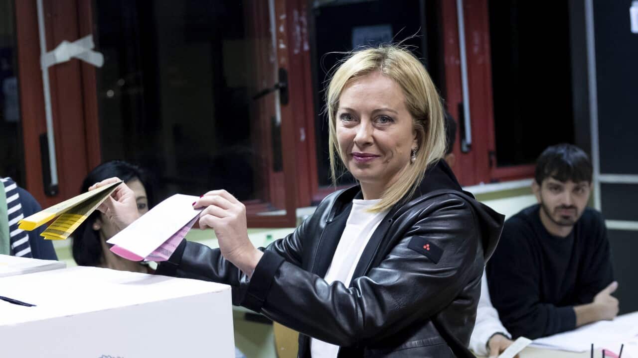 Leader of Italian far-right party 'Fratelli d'Italia' (Brothers of Italy), Giorgia Meloni casts her vote