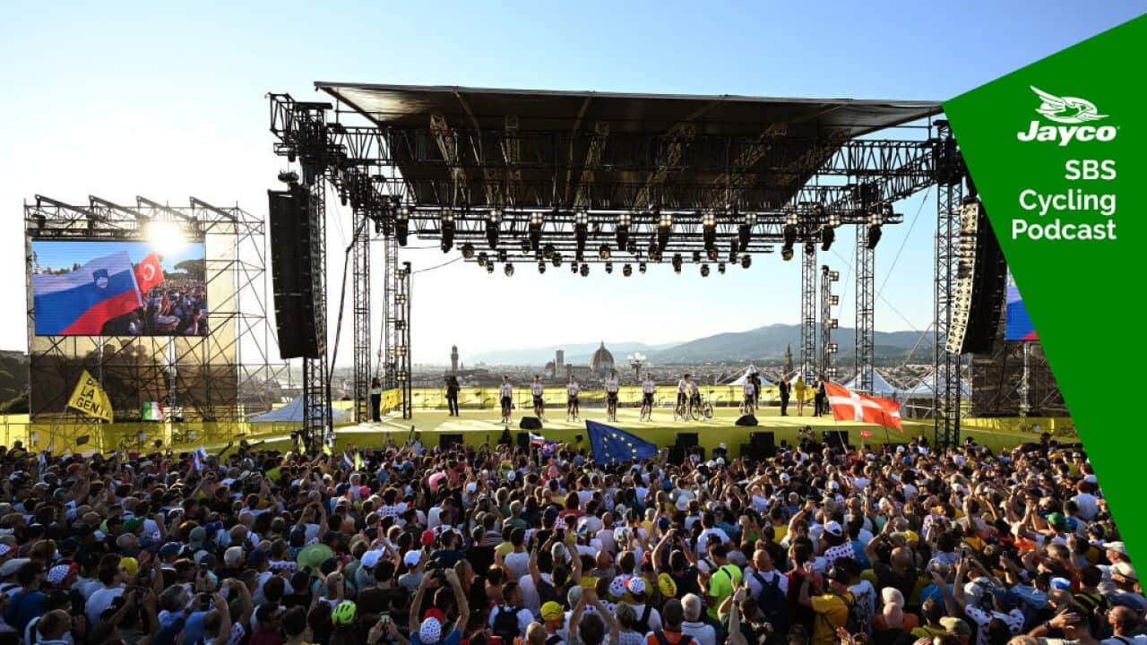 FIRENZE, ITALY - JUNE 27: (EDITOR'S NOTE: Alternate crop) Tiesj Benoot of Belgium, Jonas Vingegaard Hansen of Denmark, Matteo Jorgenson of The United States, Christophe Laporte of France, Jan Tratnik of Slovenia, Wilco Kelderman of Netherlands, Wout Van Aert of Belgium, Bart Lemmen of Netherlands and Team Visma | Lease a Bike during the 111th Tour de France 2024 - Team Presentation / #UCIWT / on June 27, 2024 in Firenze, Italy. (Photo by Tim de Waele/Getty Images)