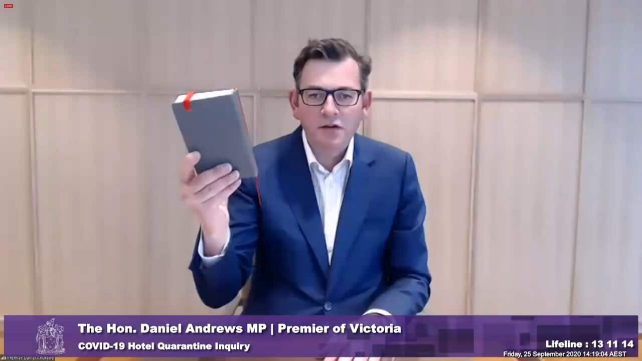 A screenshot shows Victorian Premier Daniel Andrews during the Covid-19 Hotel Quarantine Inquiry in Melbourne, Friday, September 25, 2020.
