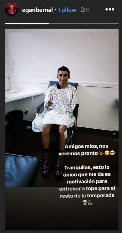 Egan Bernal in hospital after fracturing his collarbone (Egan Bernal's Insta story)