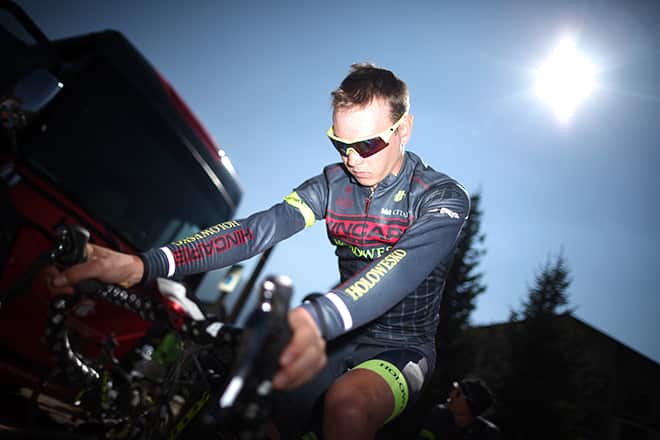 Dion Smith of New Zealand warms up in his Hincapie Racing colours at the USA Pro Challenge in August (Getty Images)
